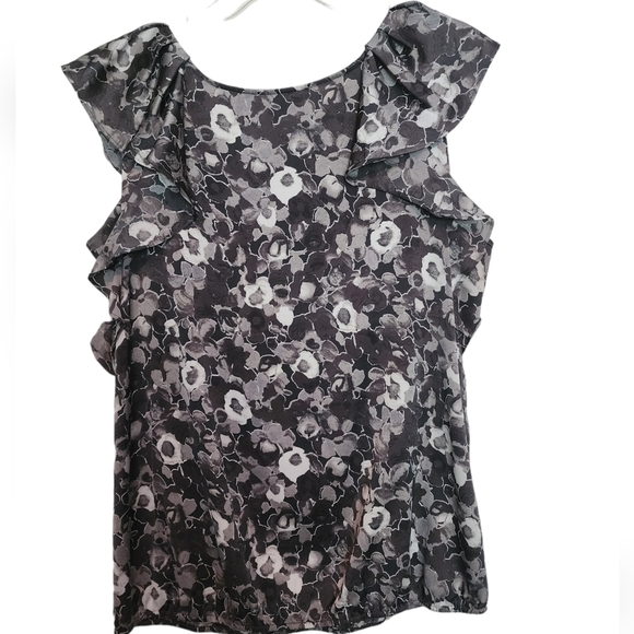 LOFT black gray floral sleeveless ruffle v-neck Large - Picture 3 of 7